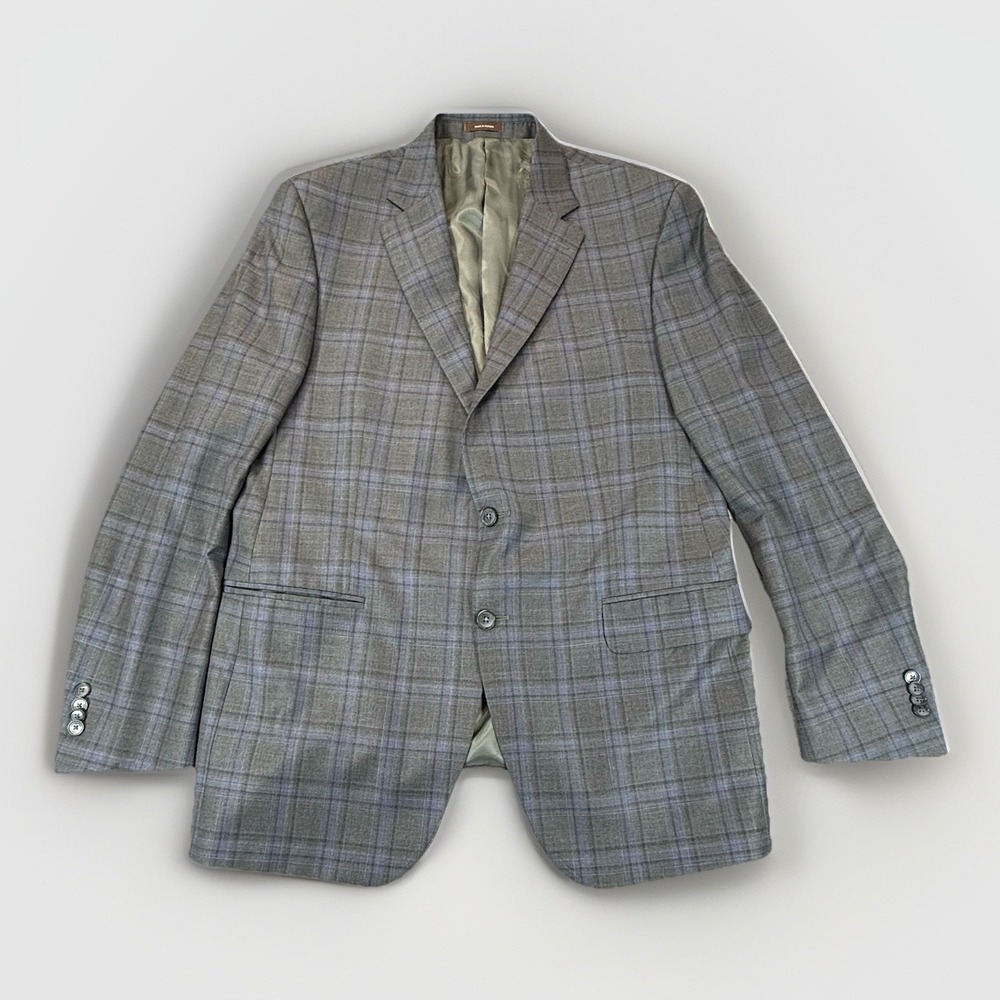 Peter Millar Wool Sharkskin Gray Blue Plaid Sports Coat 44T Blazer